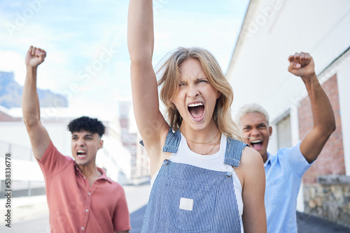 Diversity, people and protest shouting in the city with fist and arms in the air for LGBTQ justice or equality. Group of activists walking in the streets for verbal, voice and opinion in South Africa