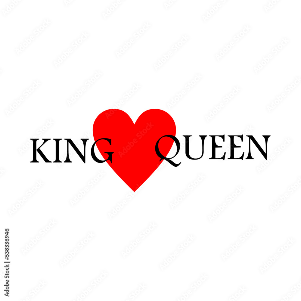 King and queen - couple design. Black text and red crown heart on white background.Hand lettering with word Queen, King. Background with white background.