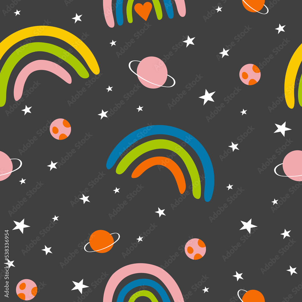 Hand drawn pattern with cute cartoon rainbow, planet, stars. Illustration in hand drawn style for kids clothing, textiles, children's room design. Vector illustration. Seamless pattern. Hand drawn pattern with cute cartoon rainbow, planet, stars. Illustration in hand drawn style for kids clothing, textiles, children's room design. Vector illustration. Seamless pattern.