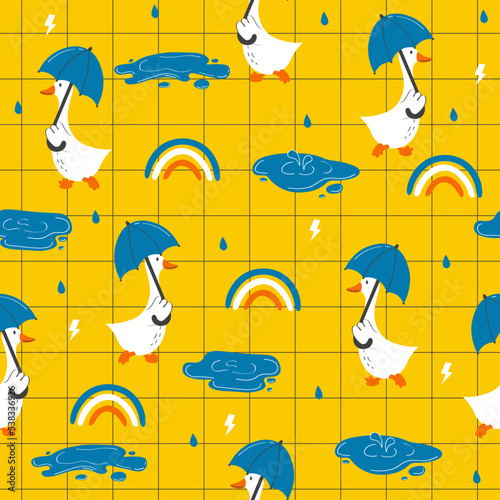 Hand drawn spring pattern with cute cartoon goose, rainbow, umbrella. Illustration in hand drawn style for kids clothing, textiles, children's room design. Vector illustration Seamless pattern.