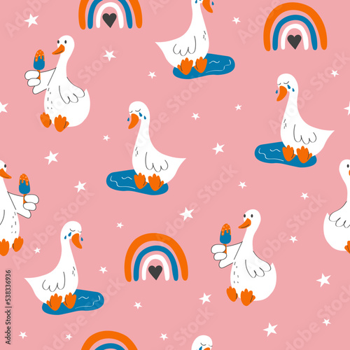 Hand drawn pattern with cute cartoon goose, rainbow. Illustration in hand drawn style for kids clothing, textiles, children's room design. Vector illustration Seamless pattern.