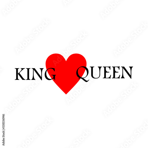 King and queen - couple design. Black text and red crown heart on white background.Hand lettering with word Queen, King. Background with white background.