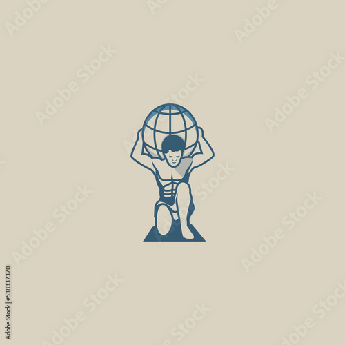 Vector logo template illustration of a person lifting a globe, strong, modern and simple.