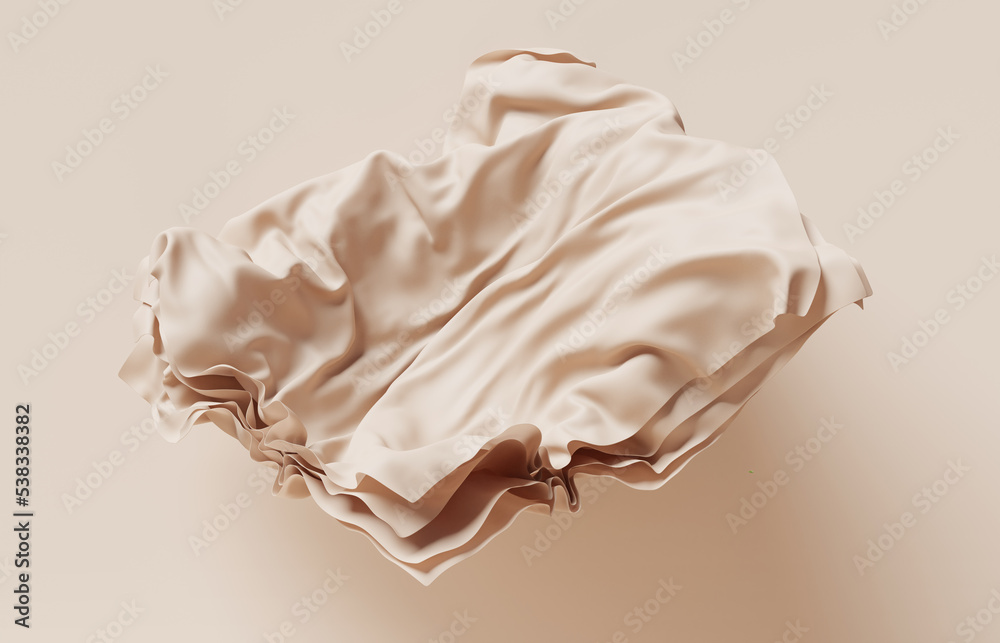 3D display podium, beige background with flying nude color silk cloth. Curtain wind. Nature, beauty, cosmetic bottle, product presentation. Luxury feminine mockup 3d render 3D display podium, beige background with flying nude color silk cloth. Curtain wind. Nature, beauty, cosmetic bottle, product presentation. Luxury feminine mockup 3d render