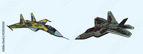 Military airplane Su and Raptor, hand drawn doodle sketch, isolated vector color illustration
