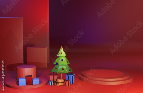 Stands with 3D christmas tree and gift boxes on red background, advertisemant podiums for Christmas Holidays photo