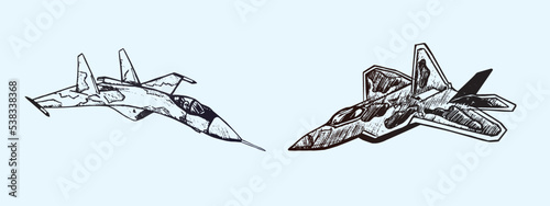 Military airplane Su and Raptor, hand drawn doodle sketch, isolated vector outline illustration photo