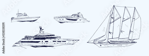 Motorboats, yacht and three mastered schooner, hand drawn doodle, sketch, black and white vector illustration