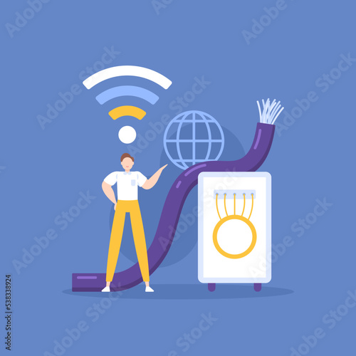 fiber optic technician. maintenance, repair, installation of fiber optic cables. a network worker. cable signal transmission technology that uses glass or plastic fibers. technology. illustration