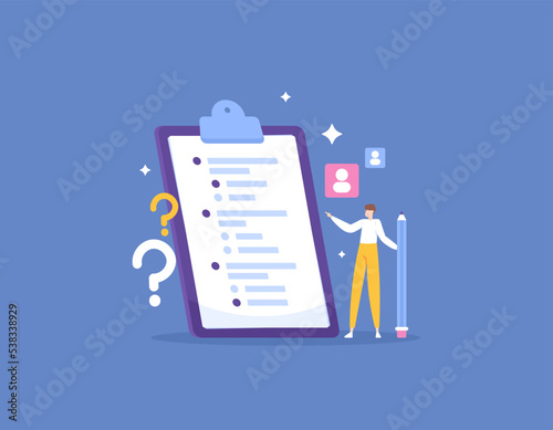 questionnaire. surveys, feedback, polls, asking for opinions. a resource person or respondent fills in several questions. question form. illustration concept design. for landing pages, social media