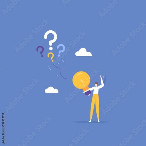 ideas and solutions. free from problems and questions. problem solving. creativity, inspiration, smart employees. a businessman gets answers or solutions to get freedom. illustration concept design