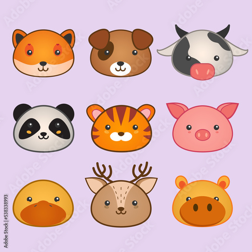 Set of Cute animals faces, pig, deer and cartoon illustration