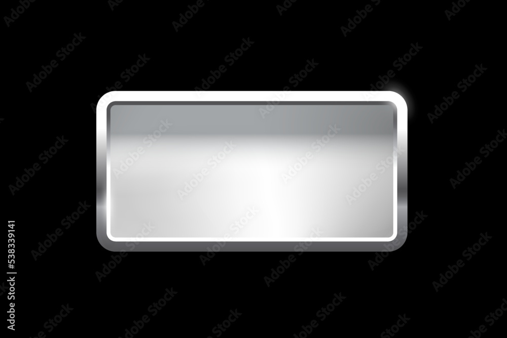 Silver rectangle button with frame vector illustration. 3d steel glossy elegant design for empty emblem, medal or badge, shiny and gradient light effect on plate isolated on black background Silver rectangle button with frame vector illustration. 3d steel glossy elegant design for empty emblem, medal or badge, shiny and gradient light effect on plate isolated on black background