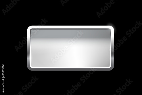 Silver rectangle button with frame vector illustration. 3d steel glossy elegant design for empty emblem, medal or badge, shiny and gradient light effect on plate isolated on black background
