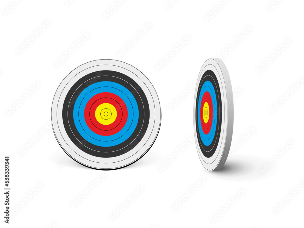 3d archery target with arrows set, front and side view, isolated round