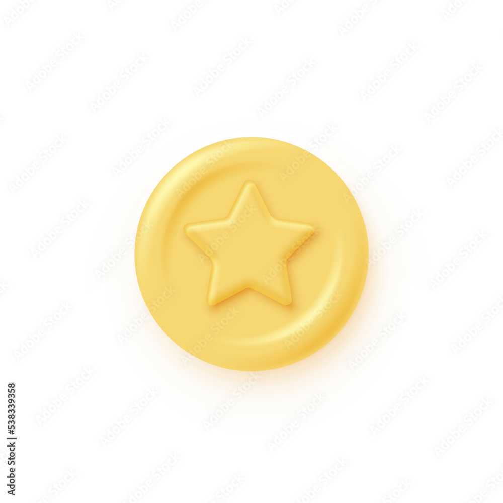 Yellow round coin or button with star vector illustration. 3d gold glossy elegant circle design for empty emblem, medal or badge isolated on white background Yellow round coin or button with star vector illustration. 3d gold glossy elegant circle design for empty emblem, medal or badge isolated on white background