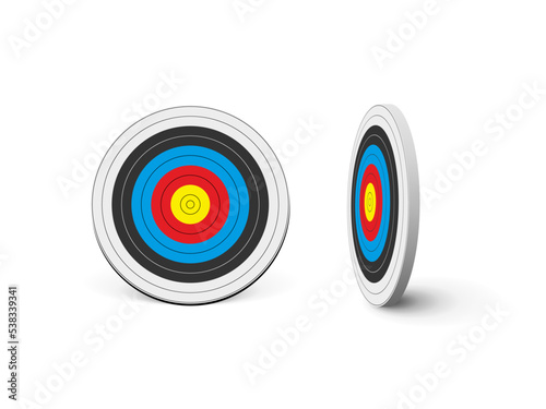 3d archery target with arrows set, front and side view, isolated round dartboards photo