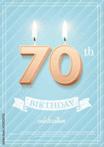 Burning number 70 birthday candle with vintage ribbon and birthday celebration text on textured blue background in postcard format. Vector vertical seventy birthday invitation template.