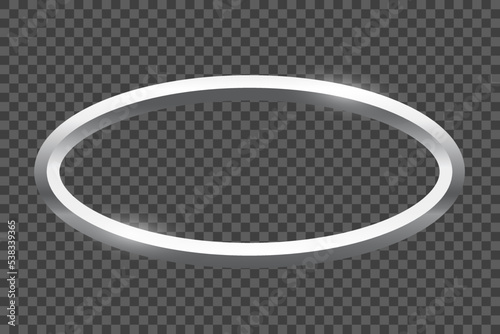 Silver oval frame for picture on transparent background. Blank space for picture, painting, card or photo. 3d realistic modern template vector illustration. Simple steel object mockup