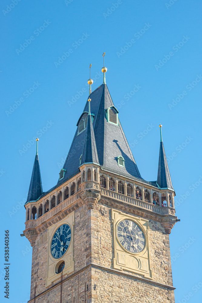 Church of Our Lady before Tyn at old town square in Prague with copy space and blue sky solid background, Czech Republic. Concept of travel and historical architecture conservation.