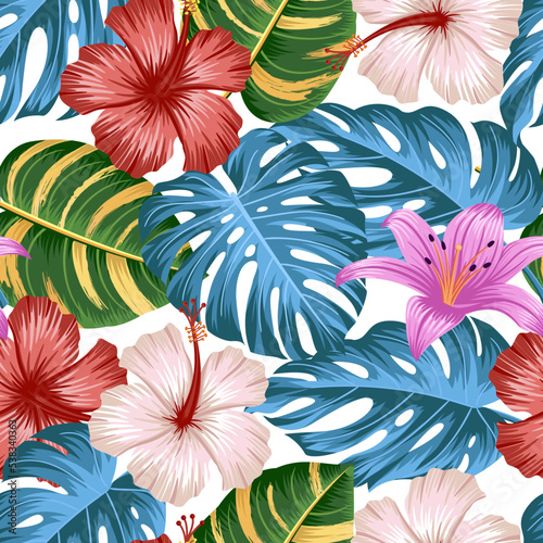 Floral seamless pattern with leaves. tropical background
