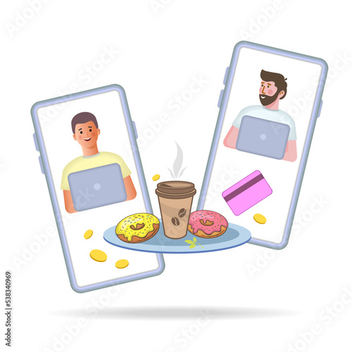 Online orders via smartphone coffee, croissants, buns. Vector image, icon, banner, leaflet.