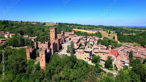 Medieval towns and castles of Emilia Romagna, Italy - Castel Arquato town and Rocca Viscontea castle.  aerial drone view photo