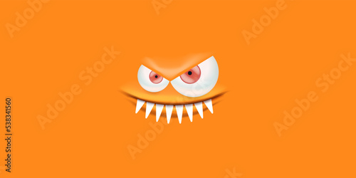 Vector angry orange monster face with open mouth with fangs and evil eyes isolated on orange horizontal background. Halloween cute and angry monster design template for poster, banner and tee print