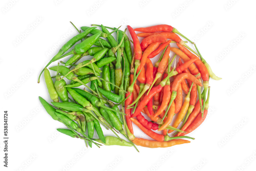 close up of separated green and red chilies or cabai isolated on white background close up of separated green and red chilies or cabai isolated on white background