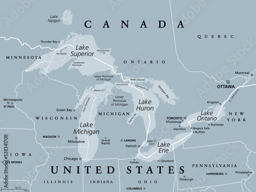 Great Lakes of North America, gray political map. Lakes Superior, Michigan, Huron, Erie and Ontario. Series of large interconnected freshwater lakes, on or near the border of Canada and United States. photo