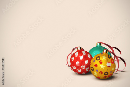 Three Christmas Ball Ornaments with Copy Space