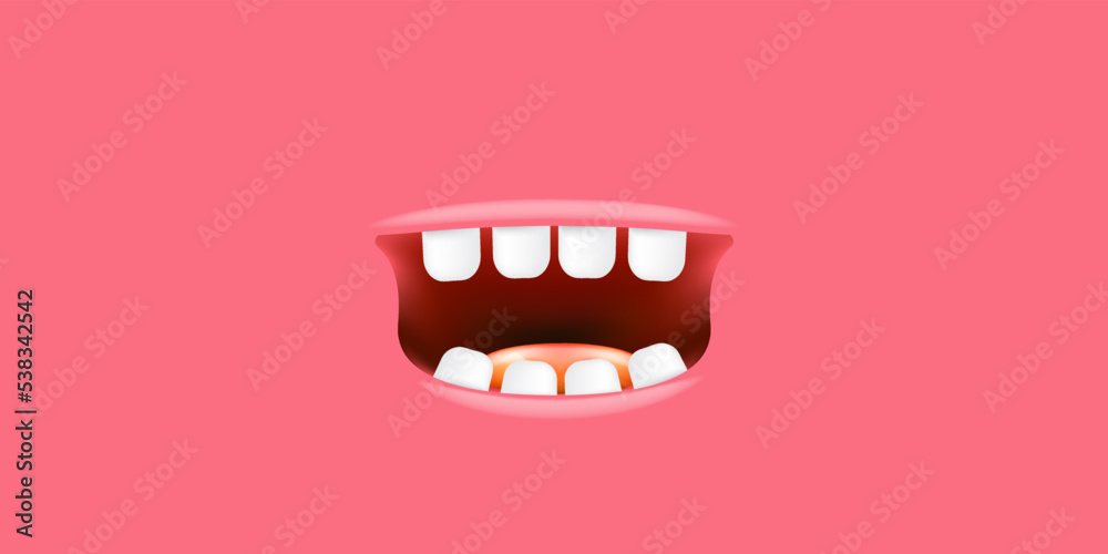 Naklejka premium Vector Cartoon open mouth isolated on pink background. Funny and cute Halloween Monster open mouth with big white teeth and pink tongue. Kids dentist concept banner and dental poster