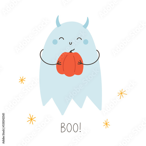 hand-drawn cute ghost with a pumpkin vector illustration Halloween