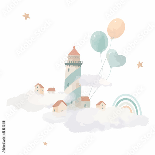 Beautiful vector baby clip art composition with cute watercolor lighthouse and air balloons. Children stock illustration.