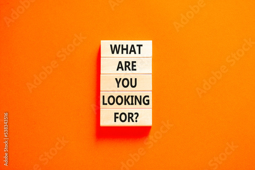 What are you looking for symbol. Concept words What are you looking for on wooden blocks. Beautiful orange table orange background. Business what are you looking for concept. Copy space.