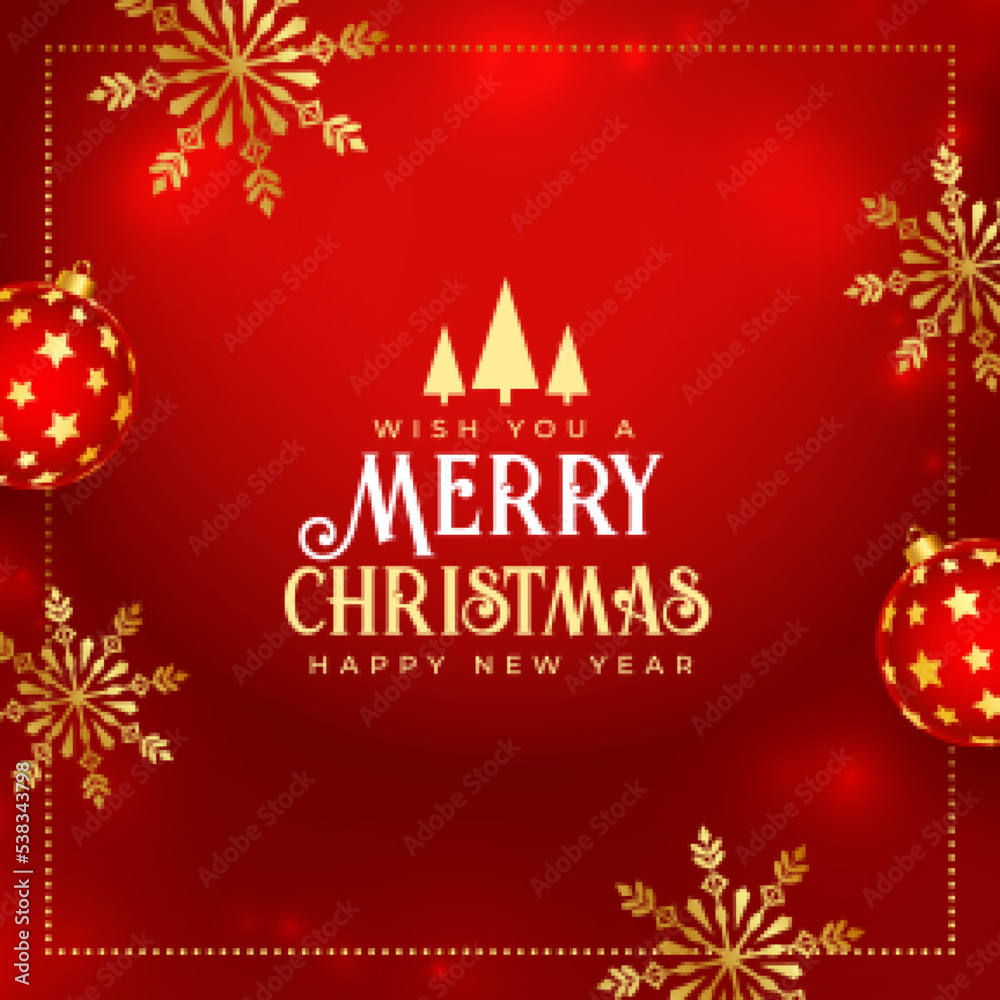 merry christmas red background with bauble and snowflake design