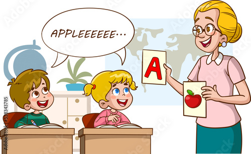 happy cute little kids study with teacher