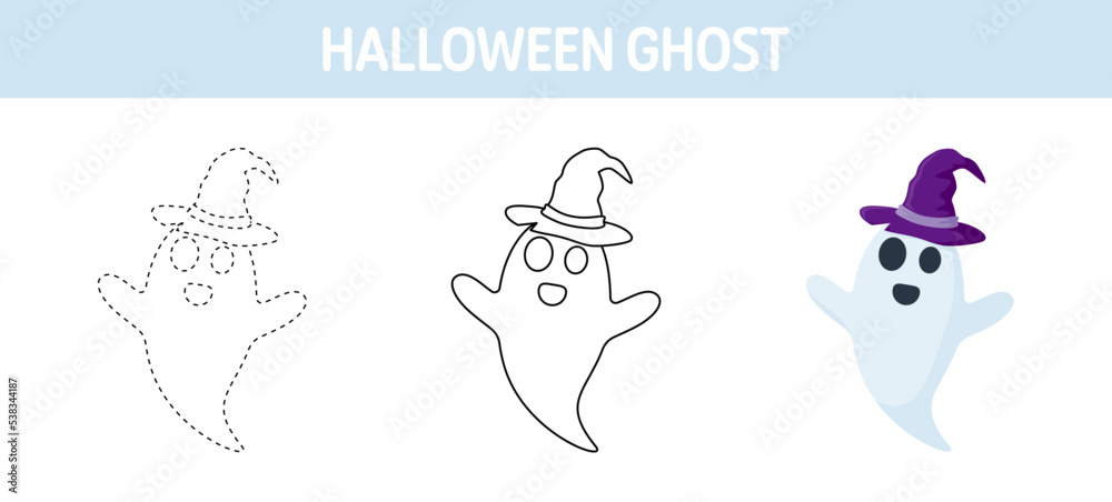 Ghost With Hat tracing and coloring worksheet for kids
