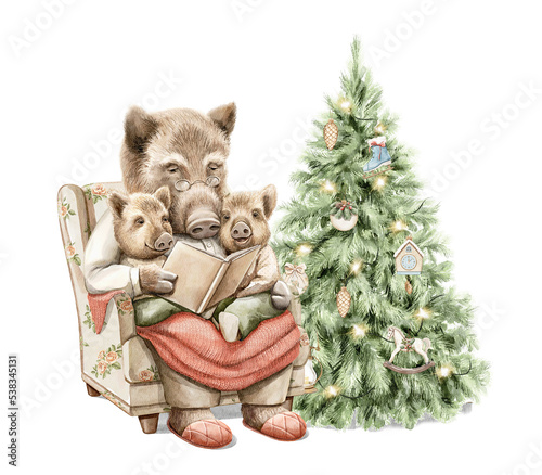 Slika na platnu Watercolor Christmas vintage family with boar and little piglets in clothes reading book fairy tale near Christmas tree with toys isolated on white background