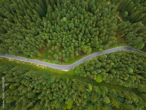 Top down aerial view of a twisty road through a forest trees and green landscape. Asphalt driving transportation road aerial drone overhead view. Alp motorway.