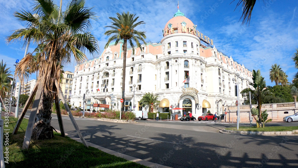 Nice, France, October 3, 2021: The Hotel Negresco is a hotel and site of the restaurant Le Chantecler, located on the Promenade des Anglais on the Baie des Anges in Nice, France.