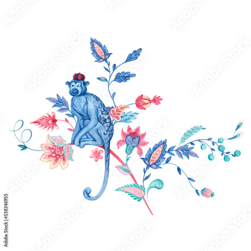 Beautiful vector floral composition with hand drawn watercolor flower elements painted in old traditional turkish arabesque style. Stock clip art illustration.