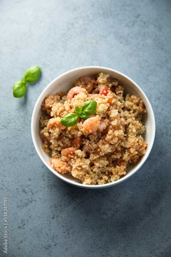 Healthy quinoa bowl with shrimps and basil Healthy quinoa bowl with shrimps and basil
