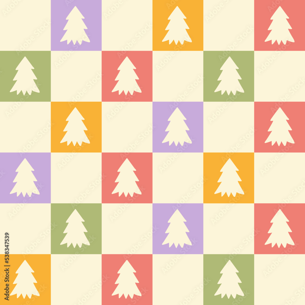 Retro groovy Christmas seamless pattern in style 60s, 70s. Trendy checkered background with geometric fir tree. Vector illustration. Pastel colors