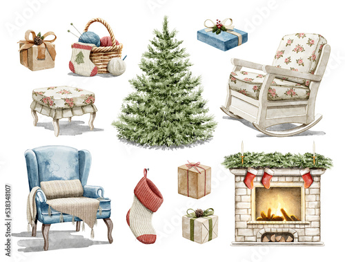 Watercolor vintage set with gifts boxes  Christmas tree  sock  knitting basket  armchairs and fireplace isolated on white background. Hand drawn illustration sketch