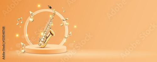 Banner for jazz music with saxophone group of notes and glitter on beige background