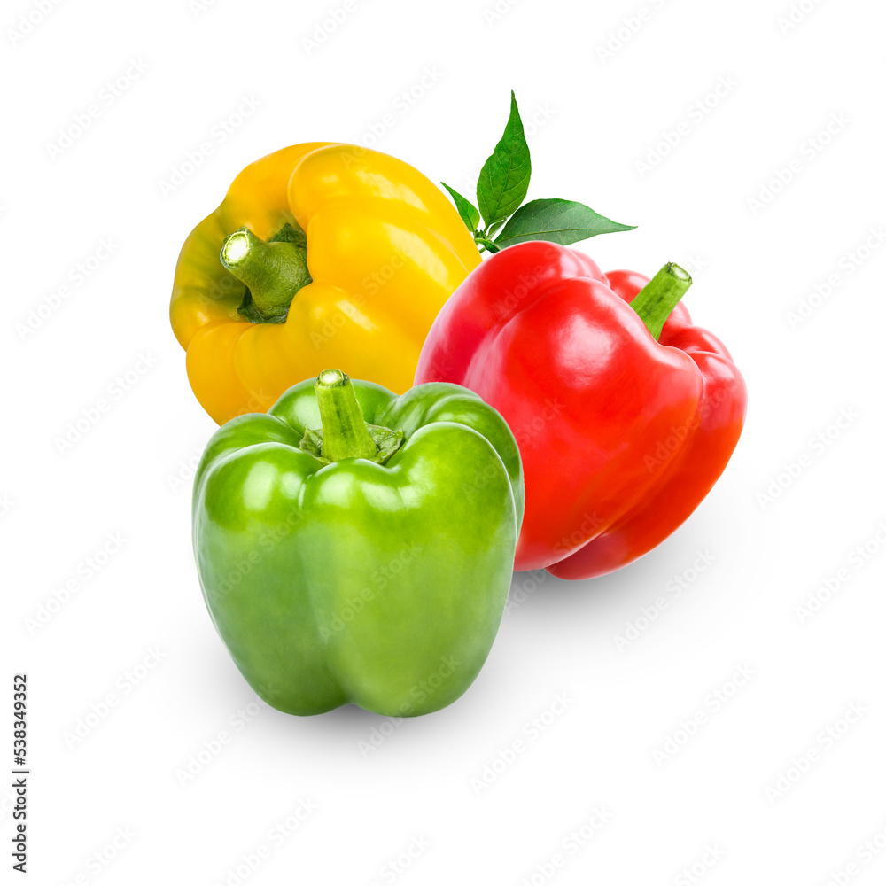 Fresh sweet peppers with leaves isolated on transparent background (.PNG) Fresh sweet peppers with leaves isolated on transparent background (.PNG)