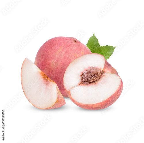 Peach with leaves isolated on transparent background. (.PNG)