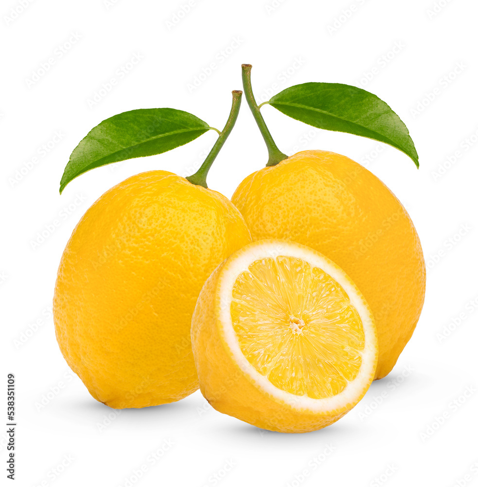 Fresh lemon with leaves isolated on transparent background (.PNG)