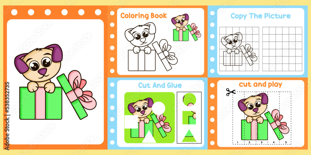 worksheets pack for kids with dog vector. children's study book